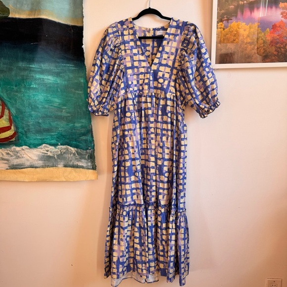 NWOT Hunter Bell Womens Palmer Midi Dress blue Cream Gingham Large - Picture 3 of 7